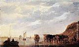 Herdsman with Five Cows by a River